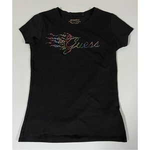 Guess Black Rainbow Diamond Logo Graphic Crewneck T-Shirt Top Blouse Tee XS 🌈✨